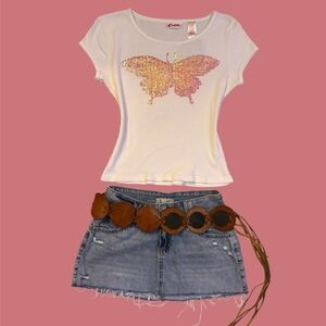 Vintage Curve White Sequin Butterfly Tee (Tee Only)